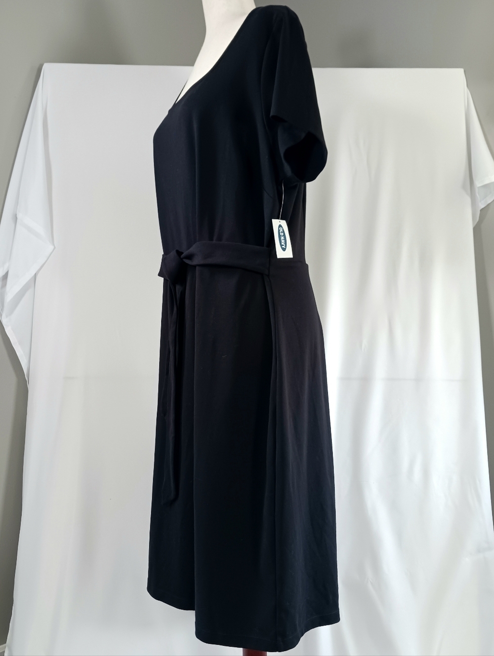 Cotton Dress Tie Waist Short Sleeve Square Neckline Stretch Black Size 2X NEW - Picture 6 of 13